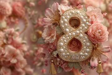 Celebration of International Women's Day with floral decorations and number eight symbol