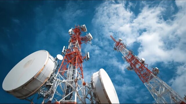 Red-and-white radio towers stretch skyward, lattice frames support dish antennas under blue sky high