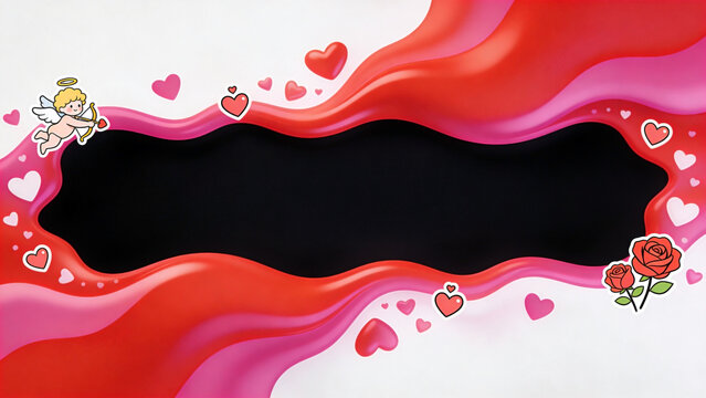 A vibrant Valentine's-themed frame with wavy red and pink glossy borders, floating hearts, a cute cartoon cupid with bow and arrow, and red roses on a white background with a large black central void