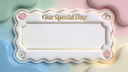 Cute 3D wedding invitation card with a wavy gold-bordered white frame on a soft pastel multicolored background, featuring Our Special Day text, a pink heart, golden rings, and dainty flowers