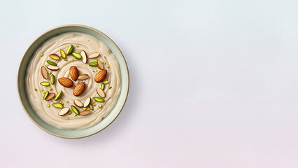 Samanu Wheat Pudding with Pistachios and Almonds &ndash; Minimalist Watercolor on Pearl to Lavender Gradient with Copy Space for Nowruz