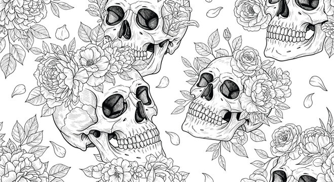 Gothic skull floral seamless pattern with dark romantic elements.
