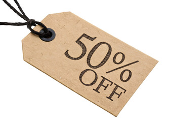 Brown cardboard discount tag with 50 percent off on white background