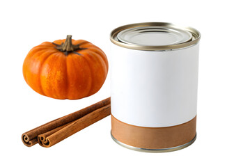 Pumpkin spice paint can with cinnamon sticks on white background for autumn themes
