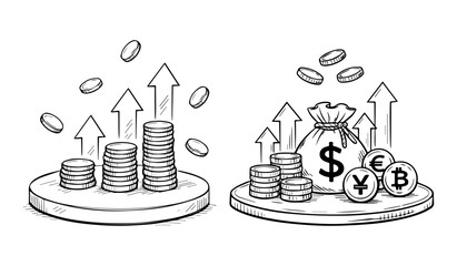 sketch for business, finance, management. The concept of graphs, money, increasing profits, charts, vector illustration