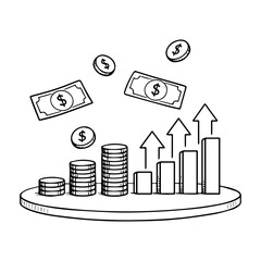 sketch for business, finance, management. The concept of graphs, money, increasing profits, charts, vector illustration
