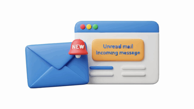 A 3D illustration of a blue envelope and an email notification window