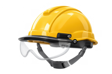 Yellow hard hat with safety visor representing construction, engineering, and personal protective equipment for site workers