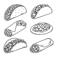 Hand Drawn Taco Sketch Set Vector Illustration Isolated on White