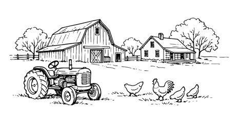 Farm Landscape with Barn, Tractor and Chickens Line Art Vector Illustration