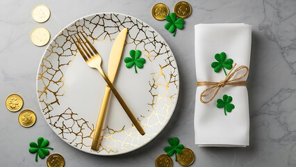 St patricks day table setting with gold coins, clover napkin, and elegant white plate