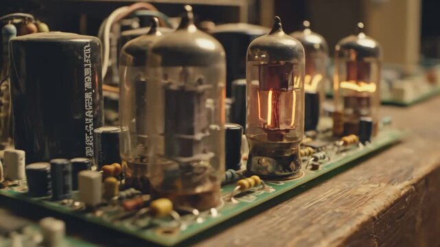 Close Up of Vintage Vacuum Tubes Glowing on Circuit Board