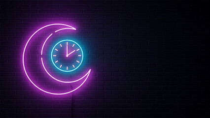 Vibrant neon sign of a purple crescent moon containing a glowing blue analog clock on a dark urban brick wall. Neon Digital Art.