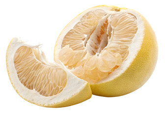 Fresh grapefruit cut in half with segment on white background