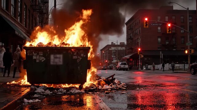 Burning Dumpster in City Street - A green dumpster is engulfed in flames on a city street, with smoke billowing upward.