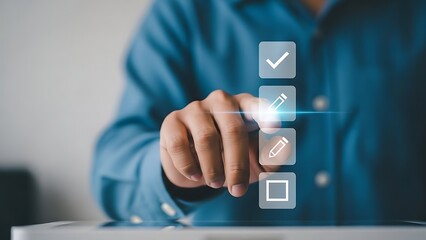 Person interacting with virtual interface icons