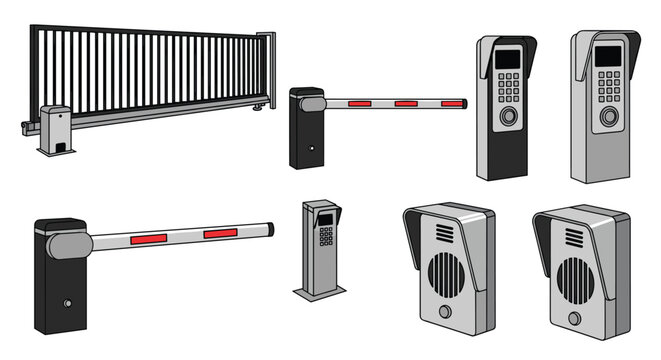 Collection of security gate and access control systems, including an automatic sliding gate, boom barriers, and intercom entry panels.