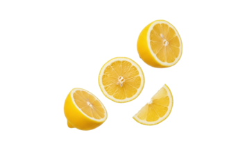 Three vibrant yellow fresh lemons, two cut halves and one wedge, suspended mid-air against a transparent studio background, concept of refreshment and vitality