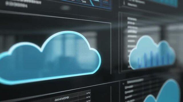 Visual representation of cloud computing infrastructure and data management on a digital interface, illustrating modern network technology and big data analytics