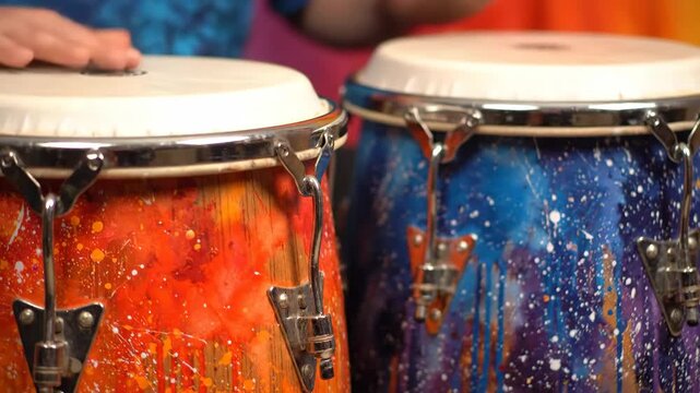 Colorful Conga Drums - A close-up shot captures two vibrantly painted conga drums. One drum features a fiery red and orange design while the other showcases a cosmic blue and purple motif, both