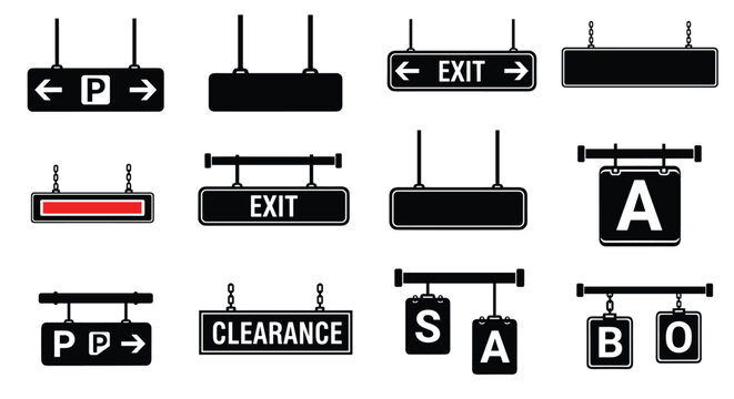 Set of black and white hanging signs for indoor navigation, including exit, parking, and clearance signs, in various styles.