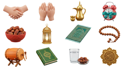Ramadan Icons Set: Prayer, Dates, Lantern, Quran, Dallah, Prayer Mat, Alarm Clock