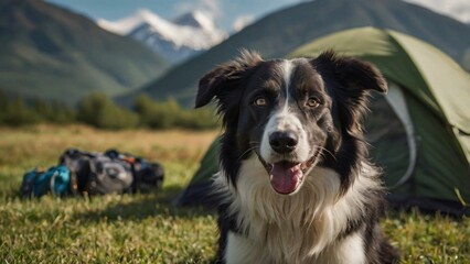 Fototapeta premium A Border Collie dog on a lawn, with mountains visible in the background, in the rays of the sun