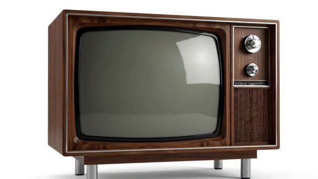 Vintage Television Set on White Background - A vintage television with a wooden cabinet and metal legs stands on a white background. The TV has a curved screen and knobs for controls.