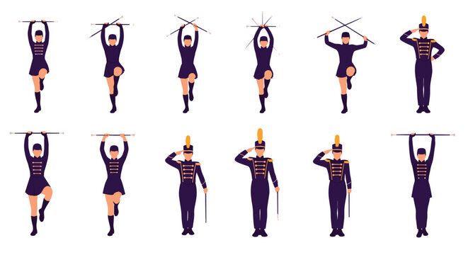 Set of marching band drum majors and majorettes in uniform, shown in various saluting and baton twirling poses for a parade.