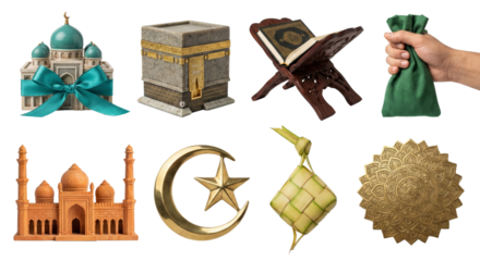 Islamic Symbols, Holy Book, Mosque, Kaaba, Ketupat, Money Bag, Gold Star