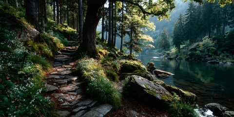 Forest path winding along mountain lake shore