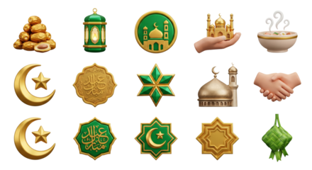 Ramadan Islamic Icons Set: Dates, Lantern, Mosque, Crescent Moon, Star, Food, Handshake