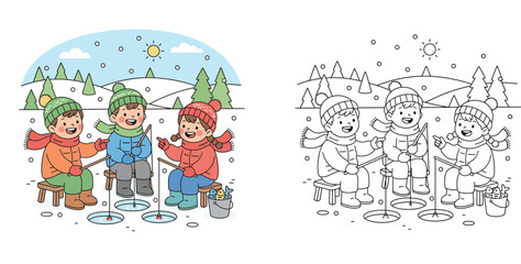 Obraz premium Winter coloring book page for kids, three happy friends ice fishing on frozen lake, vector illustration with color guide and outline