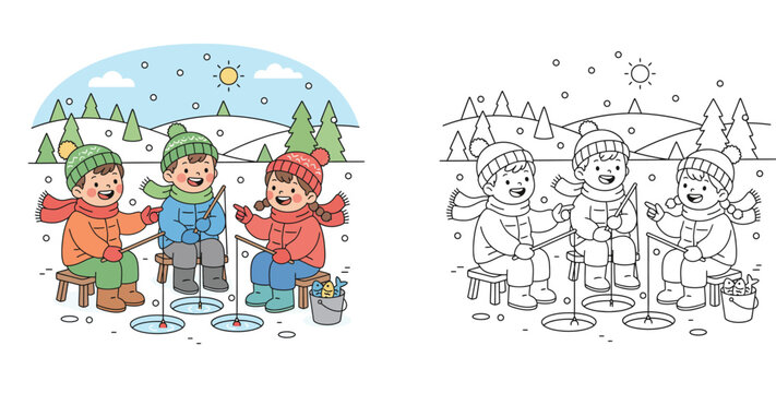 Winter coloring book page for kids, three happy friends ice fishing on frozen lake, vector illustration with color guide and outline