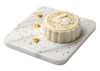 Elegant white mooncake on marble board with golden decorations for festival celebration