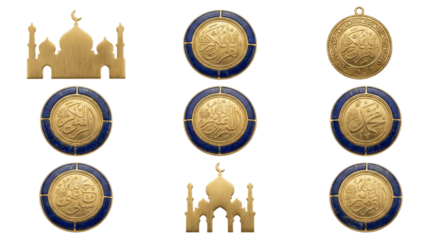 Golden Islamic Symbols: Mosques and Medallions with Arabic Calligraphy