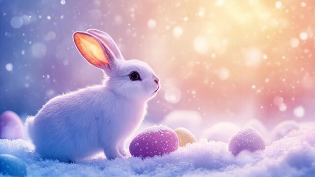 Cute white bunny rabbit sitting in a snowy easter wonderland with colorful eggs, bokeh light, and falling snow