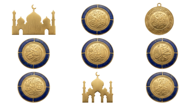Golden Islamic Symbols: Mosques and Medallions with Arabic Calligraphy - Powered by Adobe