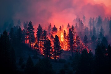 Dramatic photography of a forest wildfire spreading through pine trees at sunset with thick smoke and glowing embers in the air, environmental disaster concept