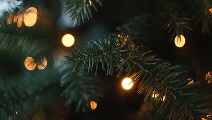 Fototapeta premium Holiday season background with glowing christmas lights and pine needles