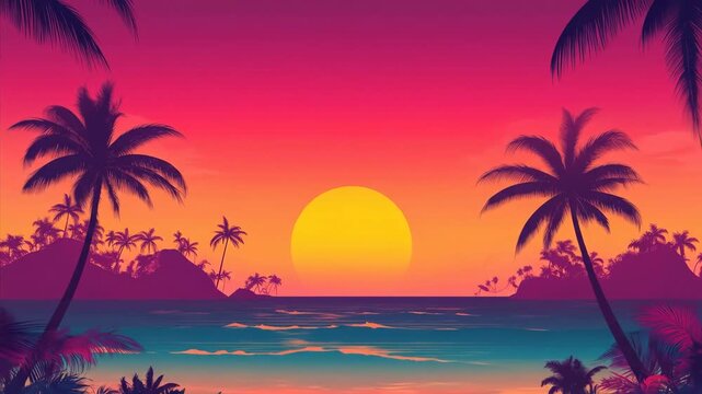 Beach sunset scene with palm tree silhouette. Vibrant tropical ocean landscape for holiday vacation.