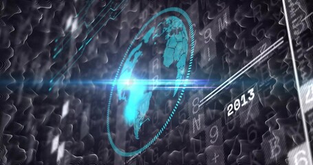 Glowing cyan-teal globe emitting lens flare within dotted ring in virtual UI, showing 2013 glyphs