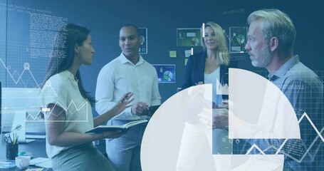 Discussing team of four in business attire reviewing data in office with laptop, pie-chart overlay