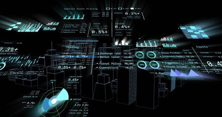 Glowing holographic financial dashboard floating in virtual 3D void, with translucent HUD panels
