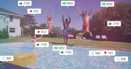 Jumping four friends wearing swimwear, splashing into backyard pool, yellow ring and reaction icons