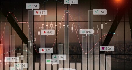 Displaying overlaid financial charts on high-rise glass, showing bars, candlesticks, red teal lines