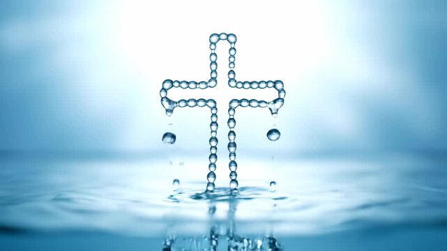 Water Cross Symbol - An abstract representation of a Christian cross is depicted, formed by connected water droplets or bubbles.