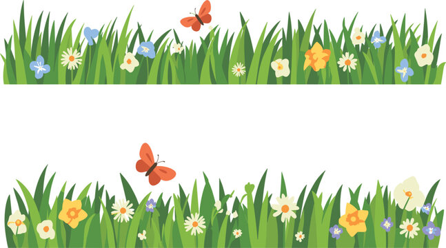 Green grass and spring flowers vector illustration set, garden border with butterflies for nature and meadow design
