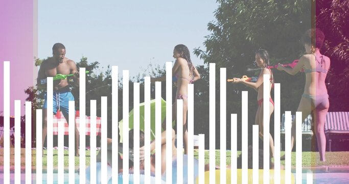 Splashing six adults wearing swimwear spraying water by pool, with water blasters and large float
