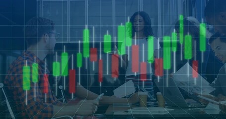 Leading woman in blazer holding tablet, running finance meeting in room with laptop and candlestick